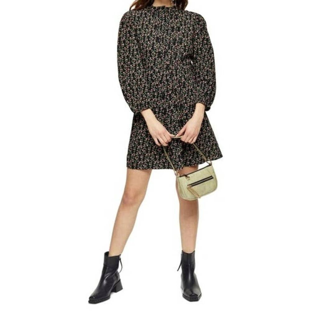TOPSHOP Tiny Front Pleats Long Sleeve Mini Dress Sz 12 in Black Floral Multi NWT